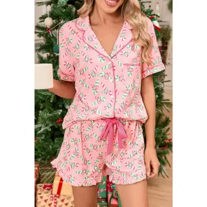 Pink Christmas Candy Cane Print Knotted Pajama Set