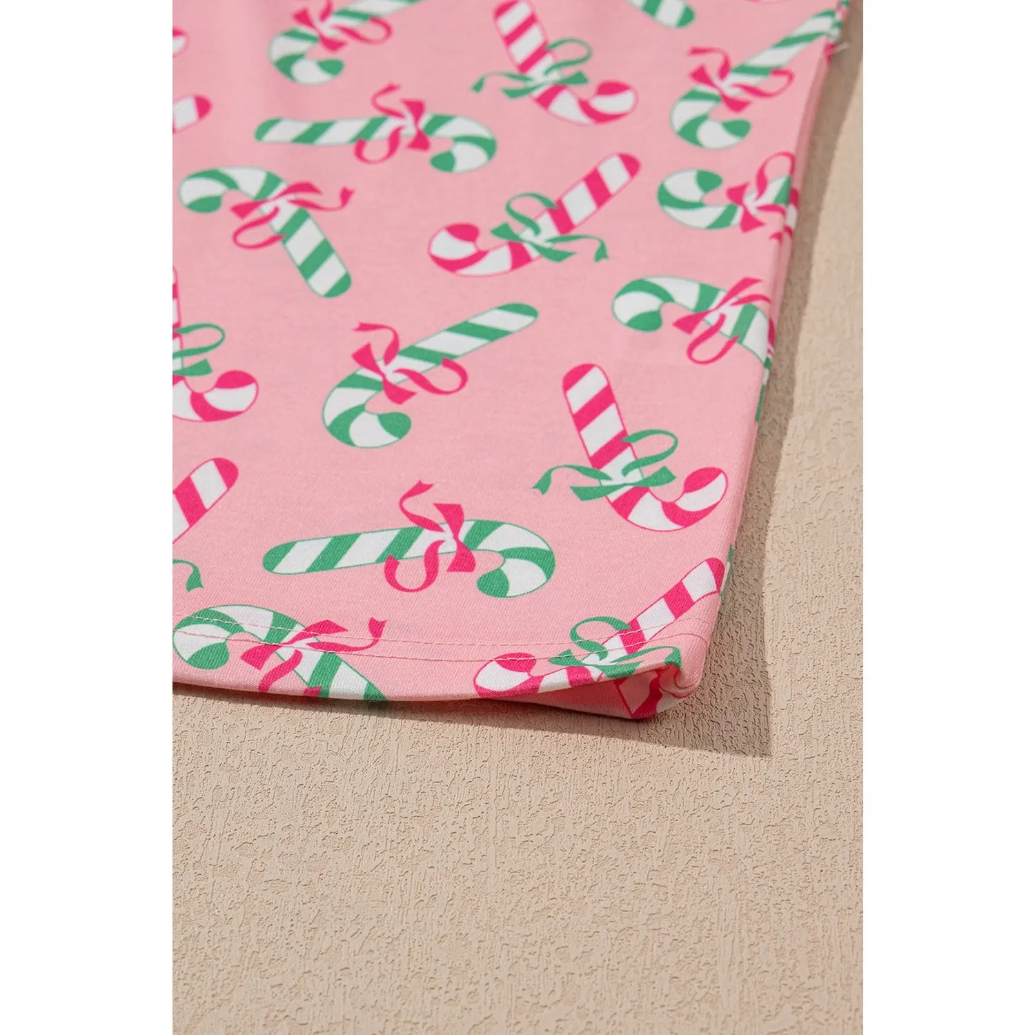 Pink Christmas Candy Cane Print Knotted Pajama Set
