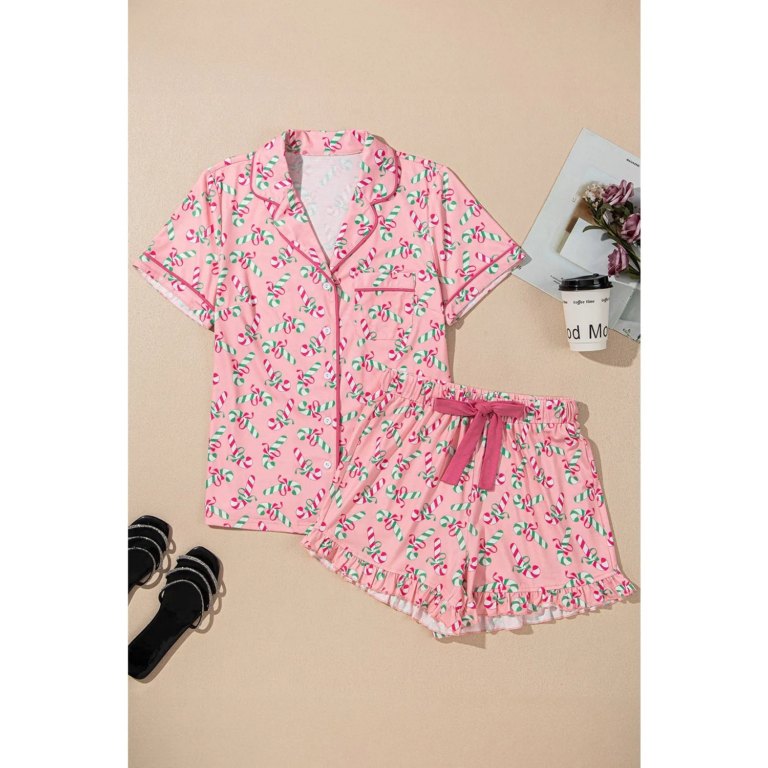 Pink Christmas Candy Cane Print Knotted Pajama Set