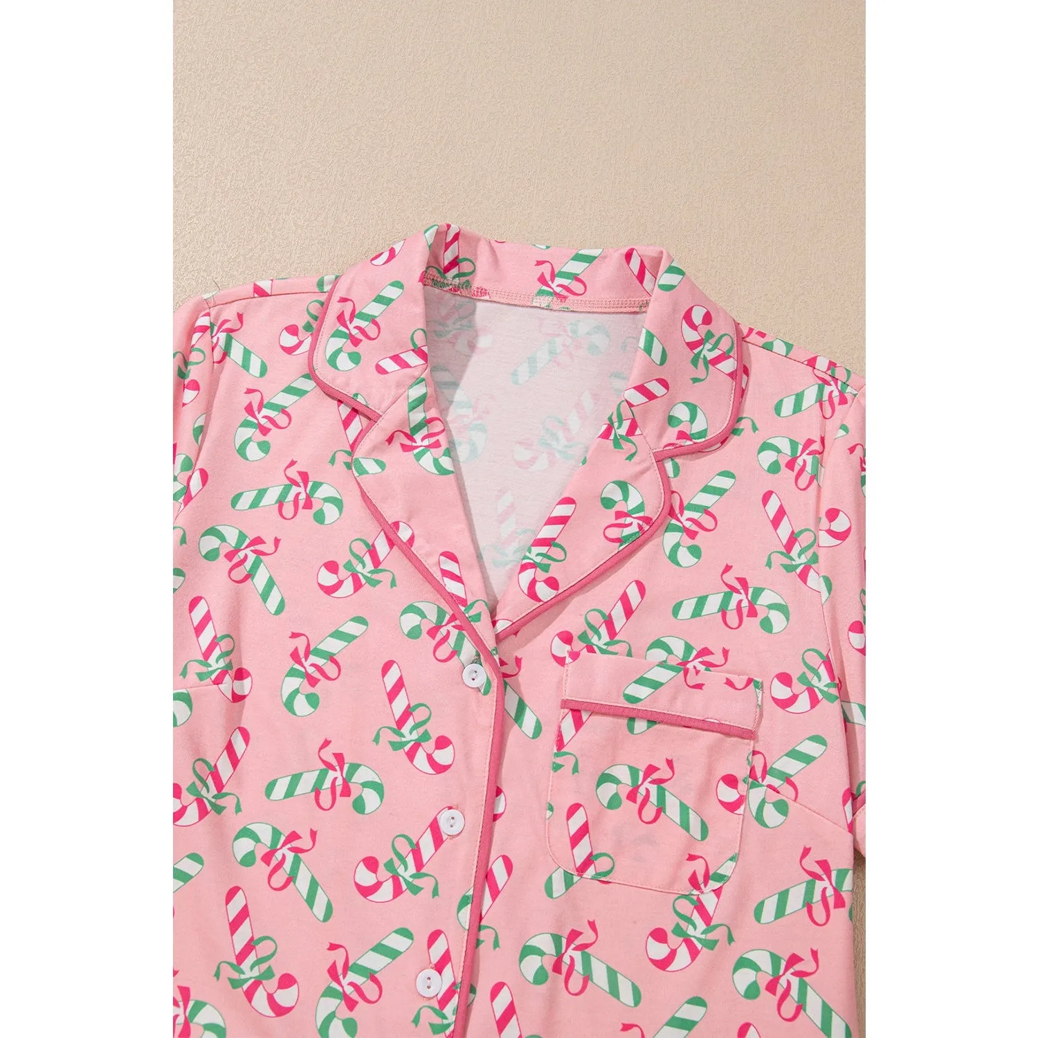 Pink Christmas Candy Cane Print Knotted Pajama Set