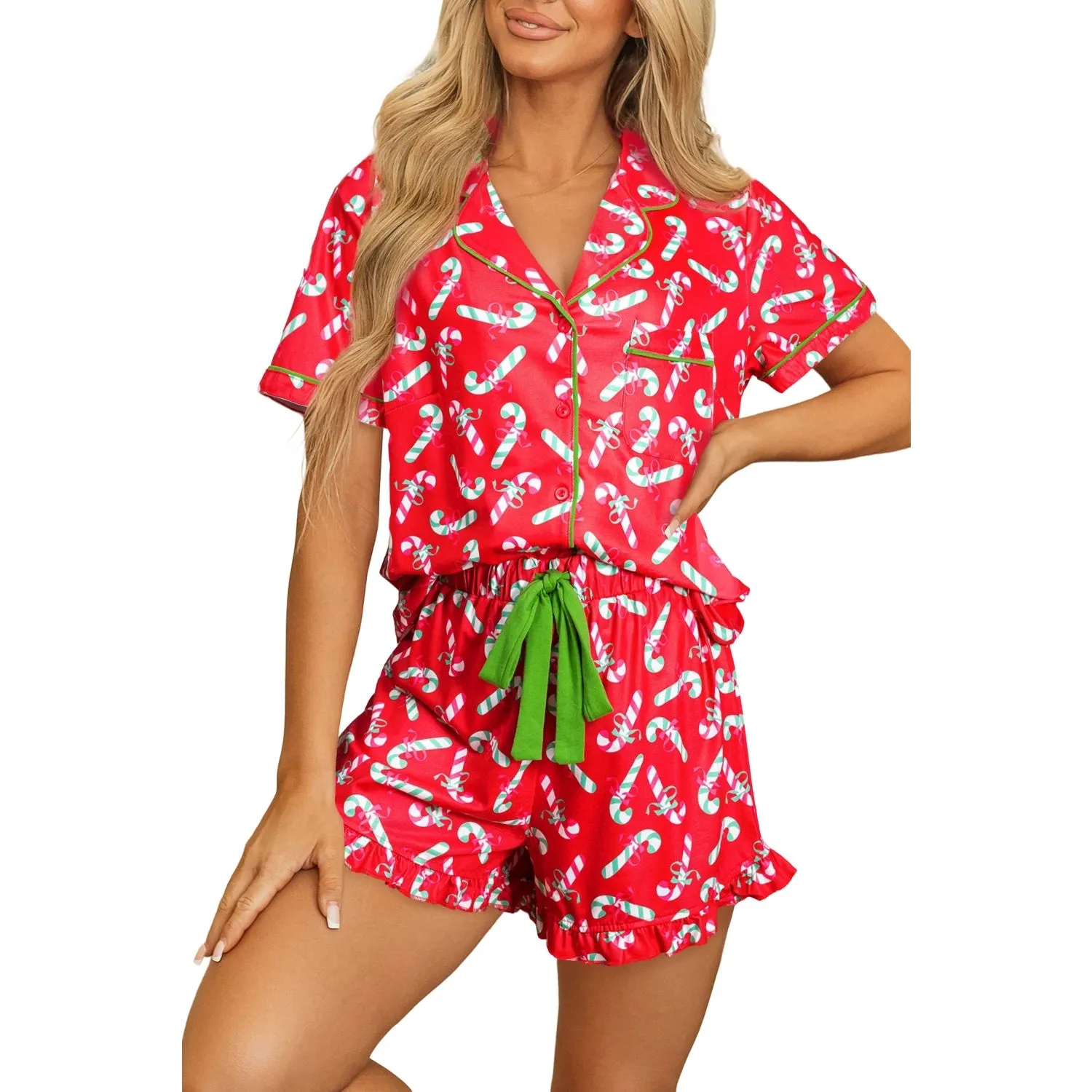 Pink Christmas Candy Cane Print Knotted Pajama Set