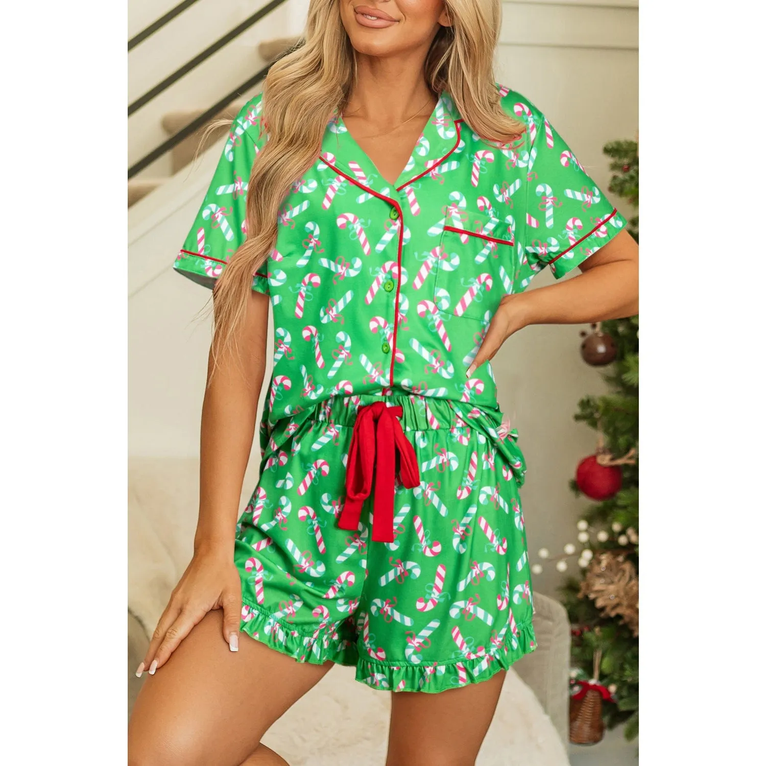 Pink Christmas Candy Cane Print Knotted Pajama Set