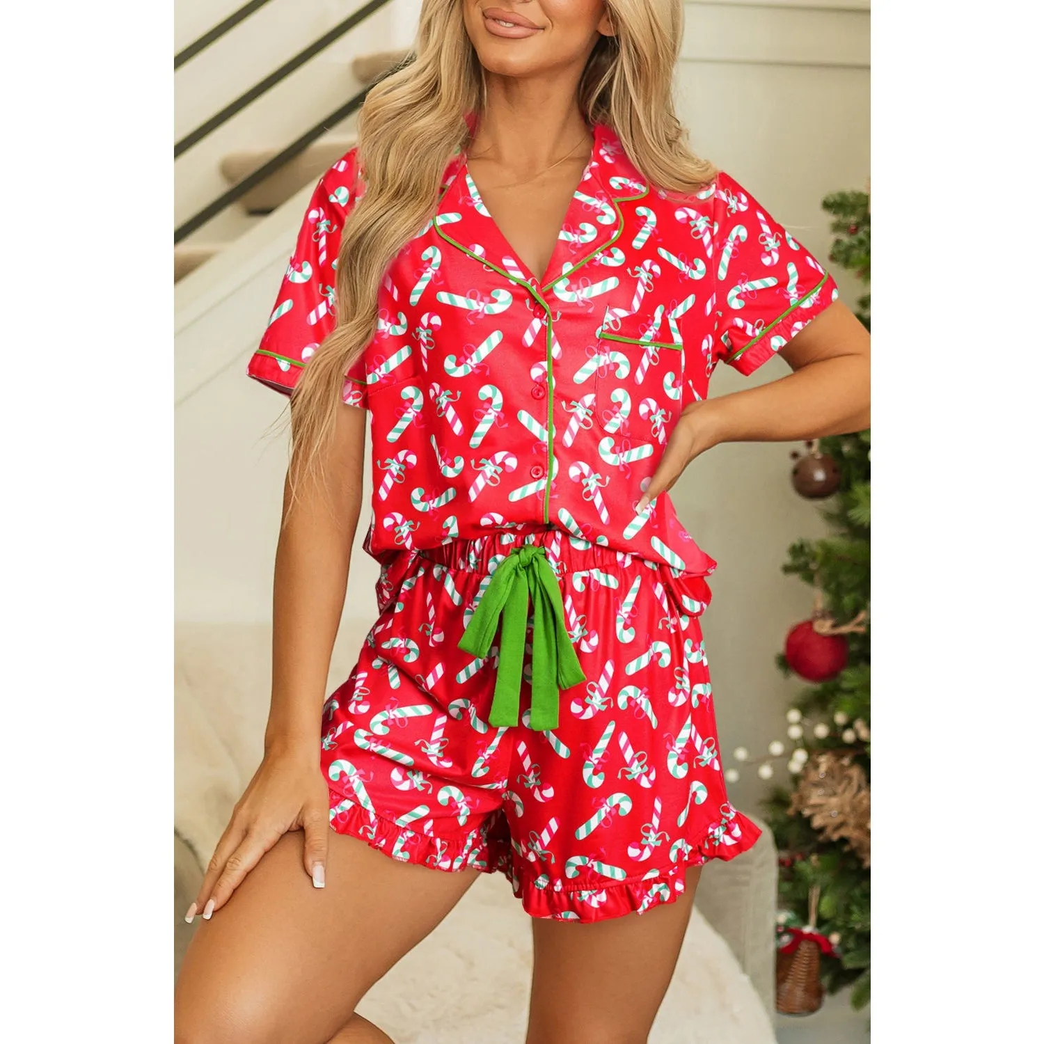 Pink Christmas Candy Cane Print Knotted Pajama Set