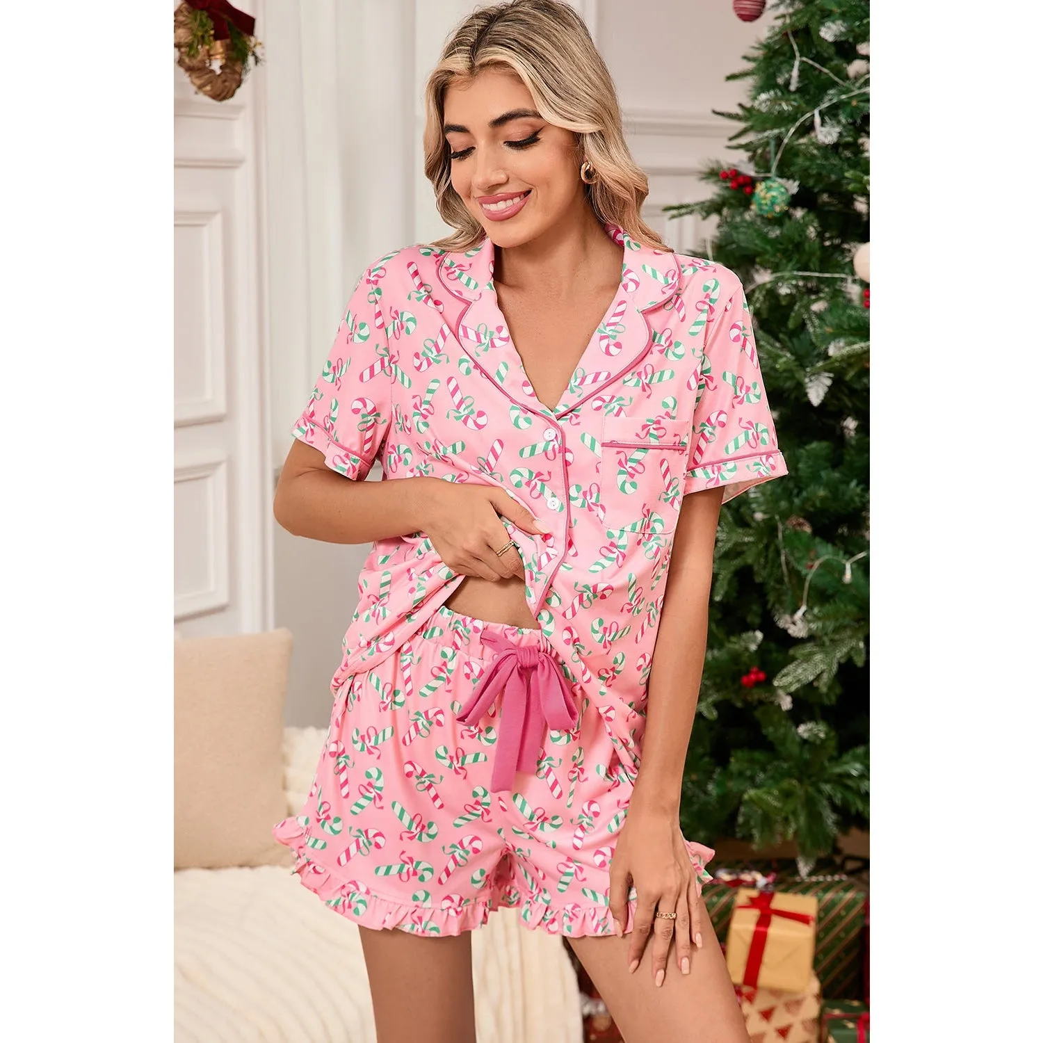 Pink Christmas Candy Cane Print Knotted Pajama Set