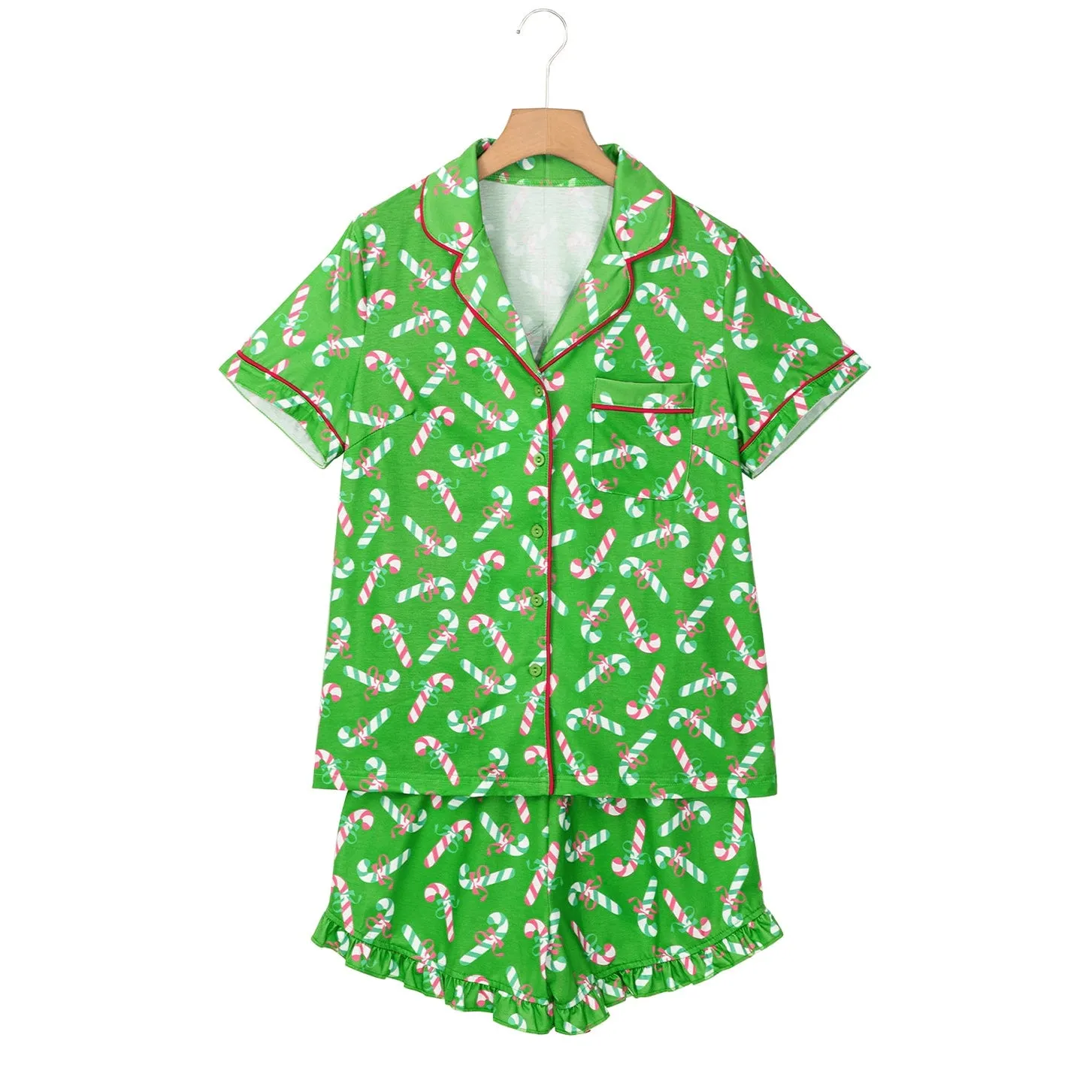 Pink Christmas Candy Cane Print Knotted Pajama Set