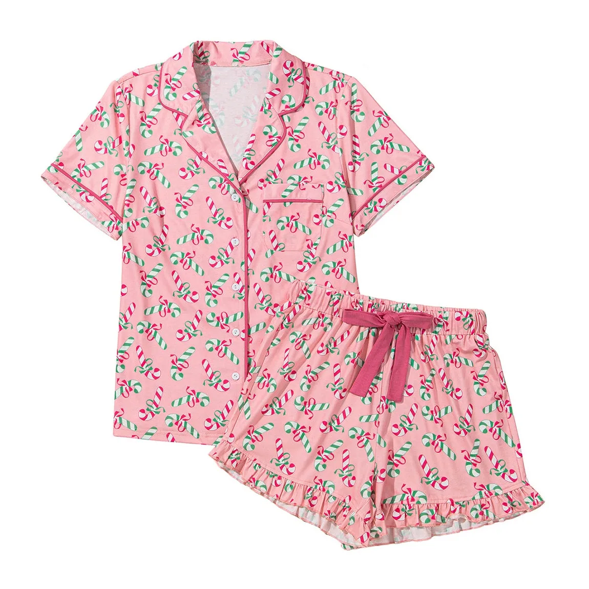 Pink Christmas Candy Cane Print Knotted Pajama Set