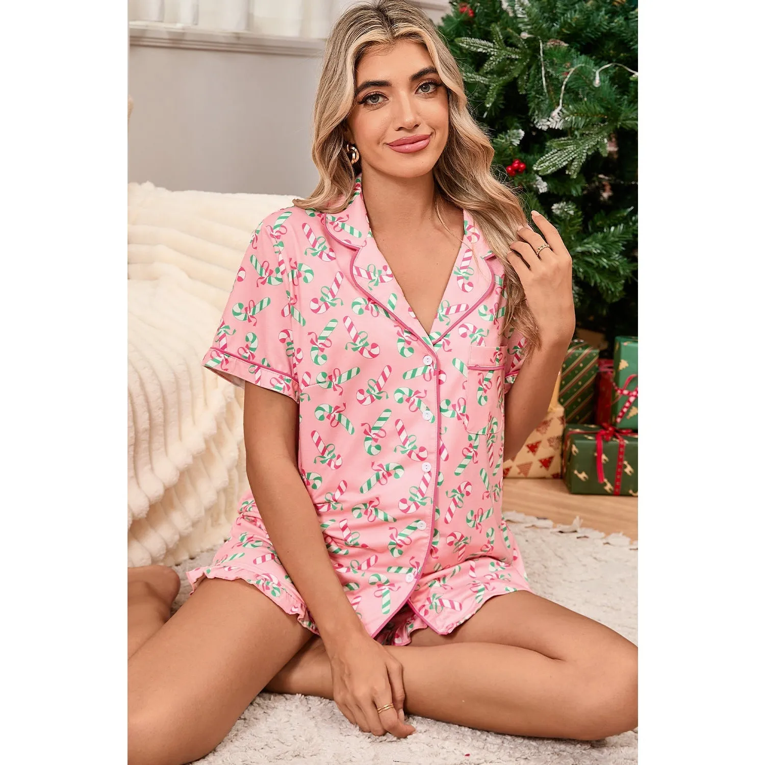 Pink Christmas Candy Cane Print Knotted Pajama Set