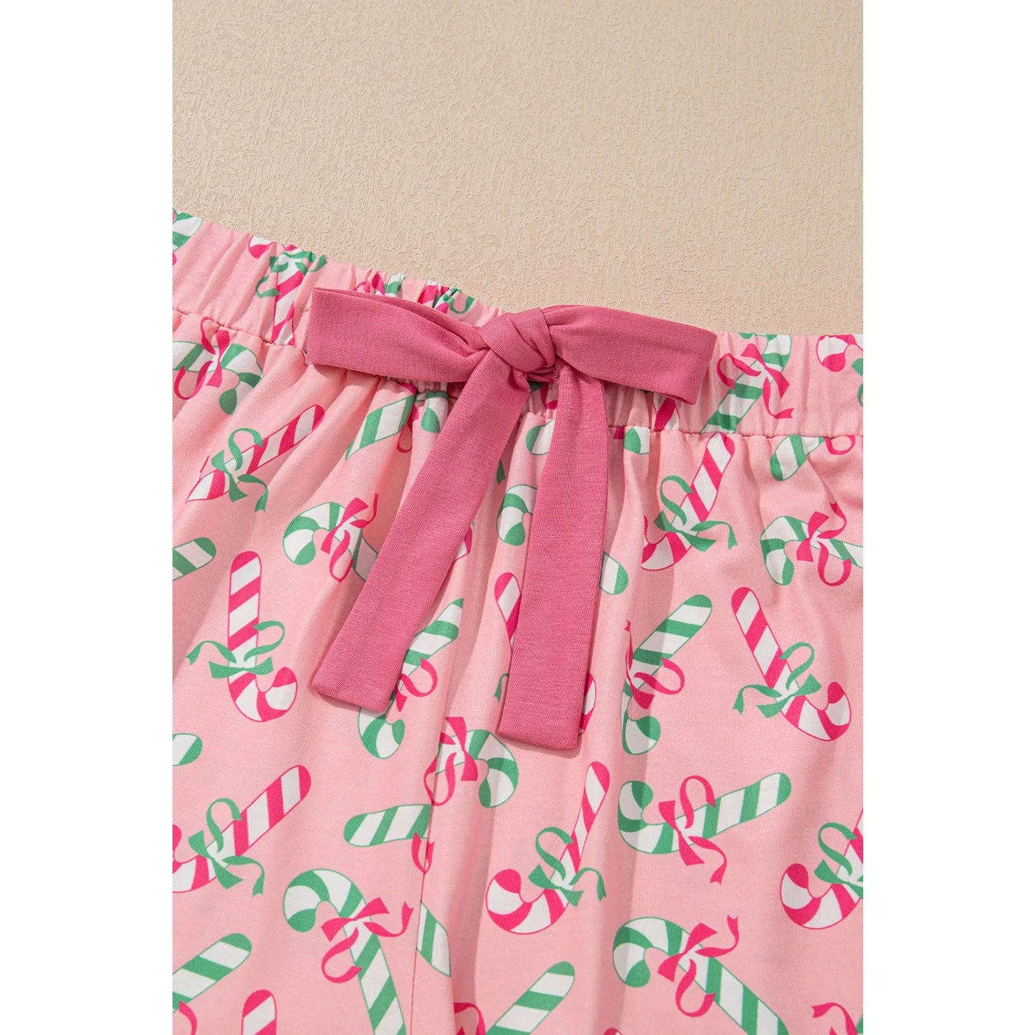Pink Christmas Candy Cane Print Knotted Pajama Set