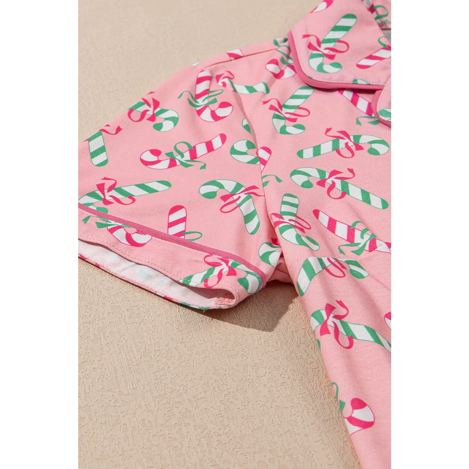 Pink Christmas Candy Cane Print Knotted Pajama Set