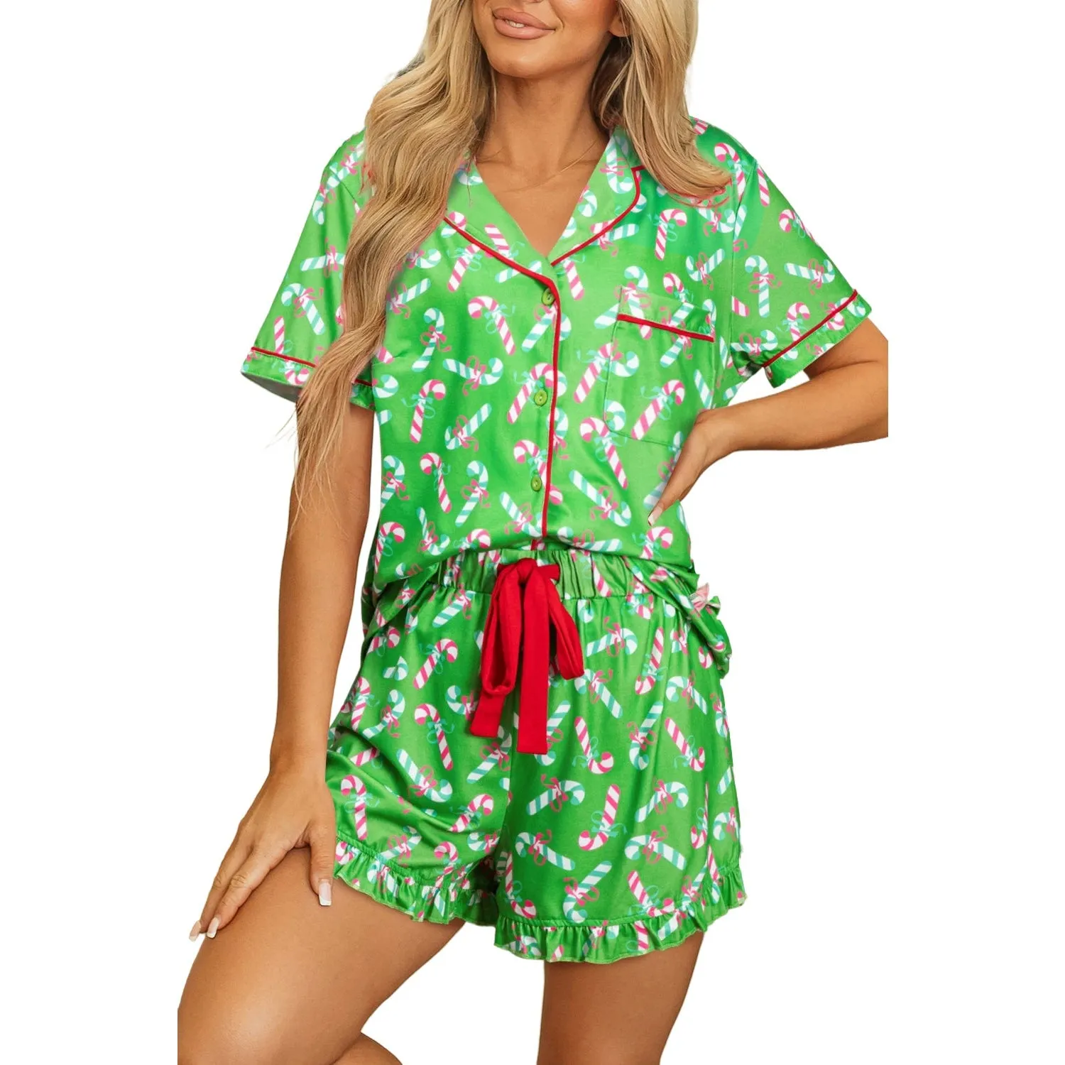 Pink Christmas Candy Cane Print Knotted Pajama Set