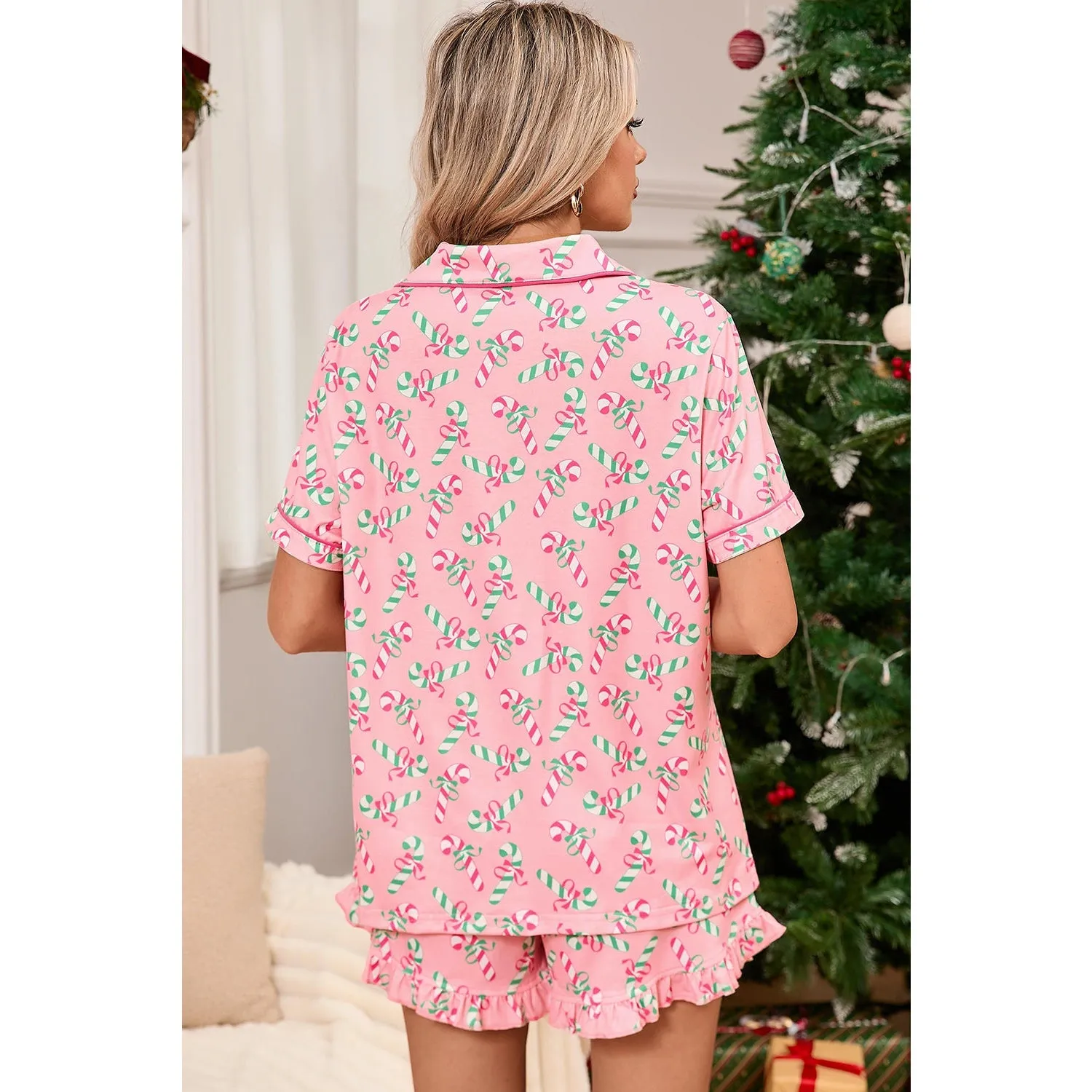 Pink Christmas Candy Cane Print Knotted Pajama Set