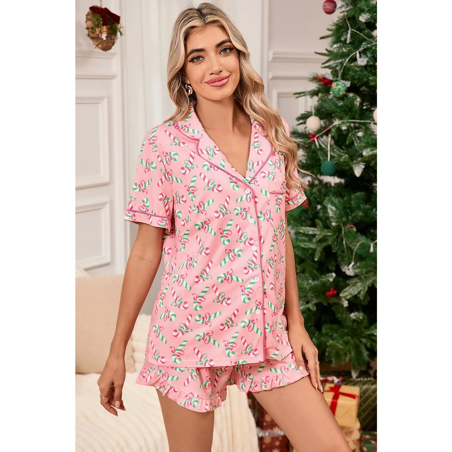 Pink Christmas Candy Cane Print Knotted Pajama Set