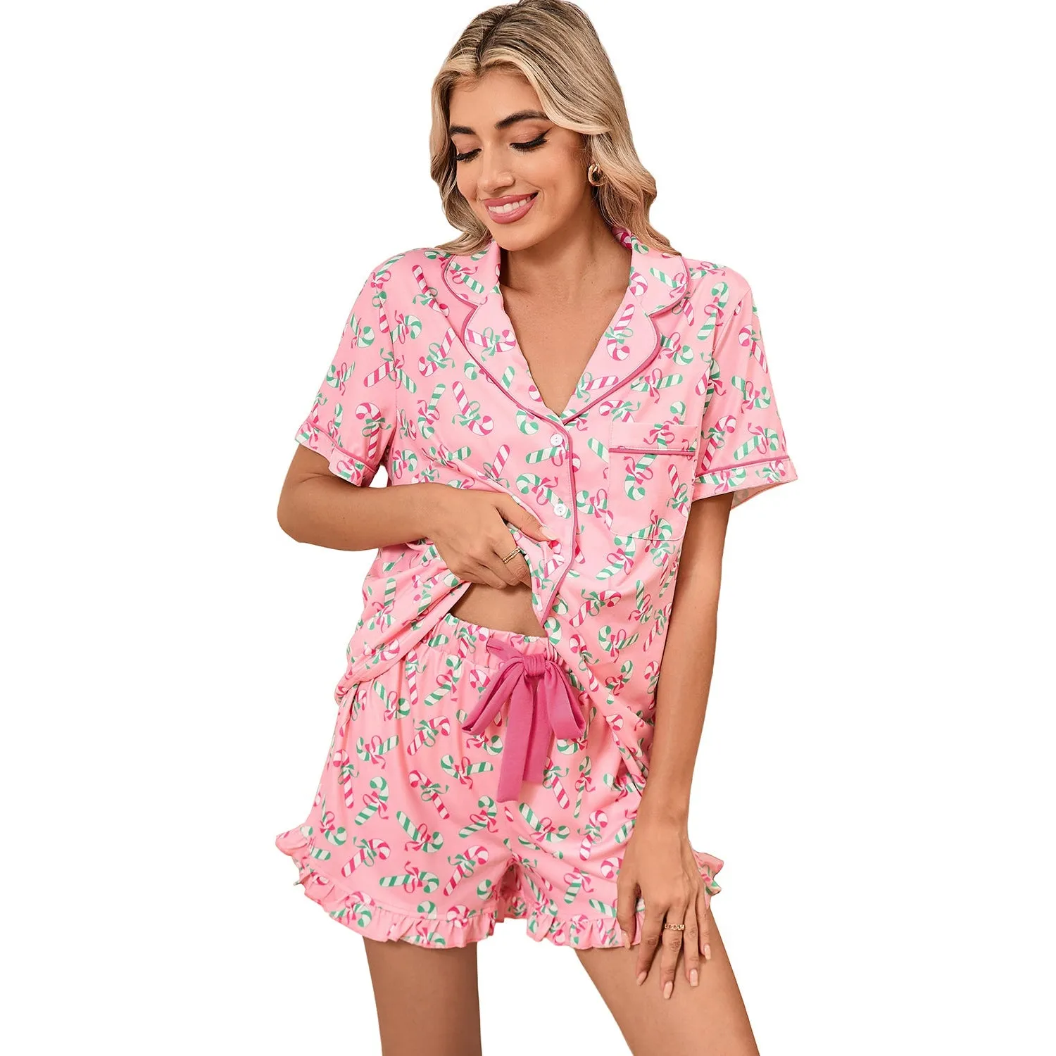 Pink Christmas Candy Cane Print Knotted Pajama Set