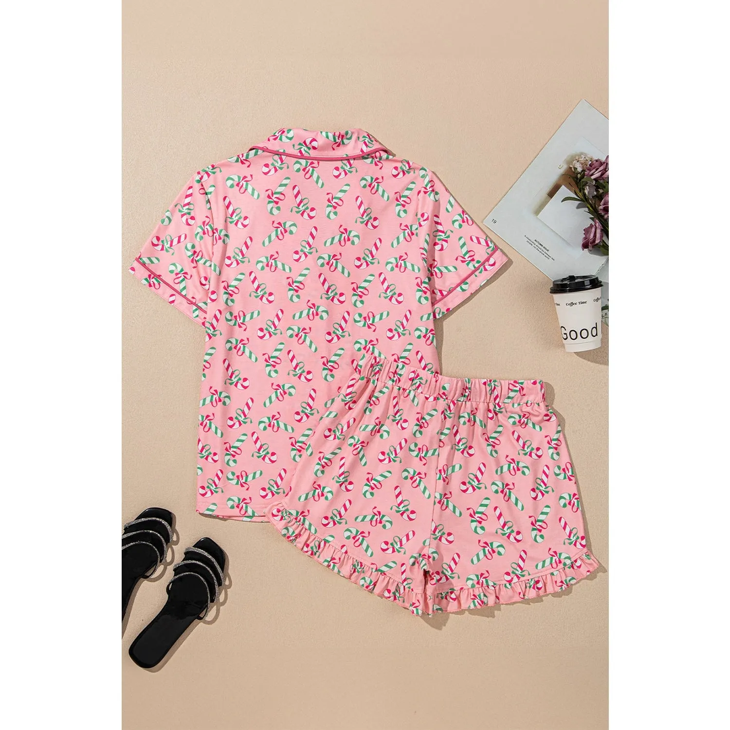 Pink Christmas Candy Cane Print Knotted Pajama Set
