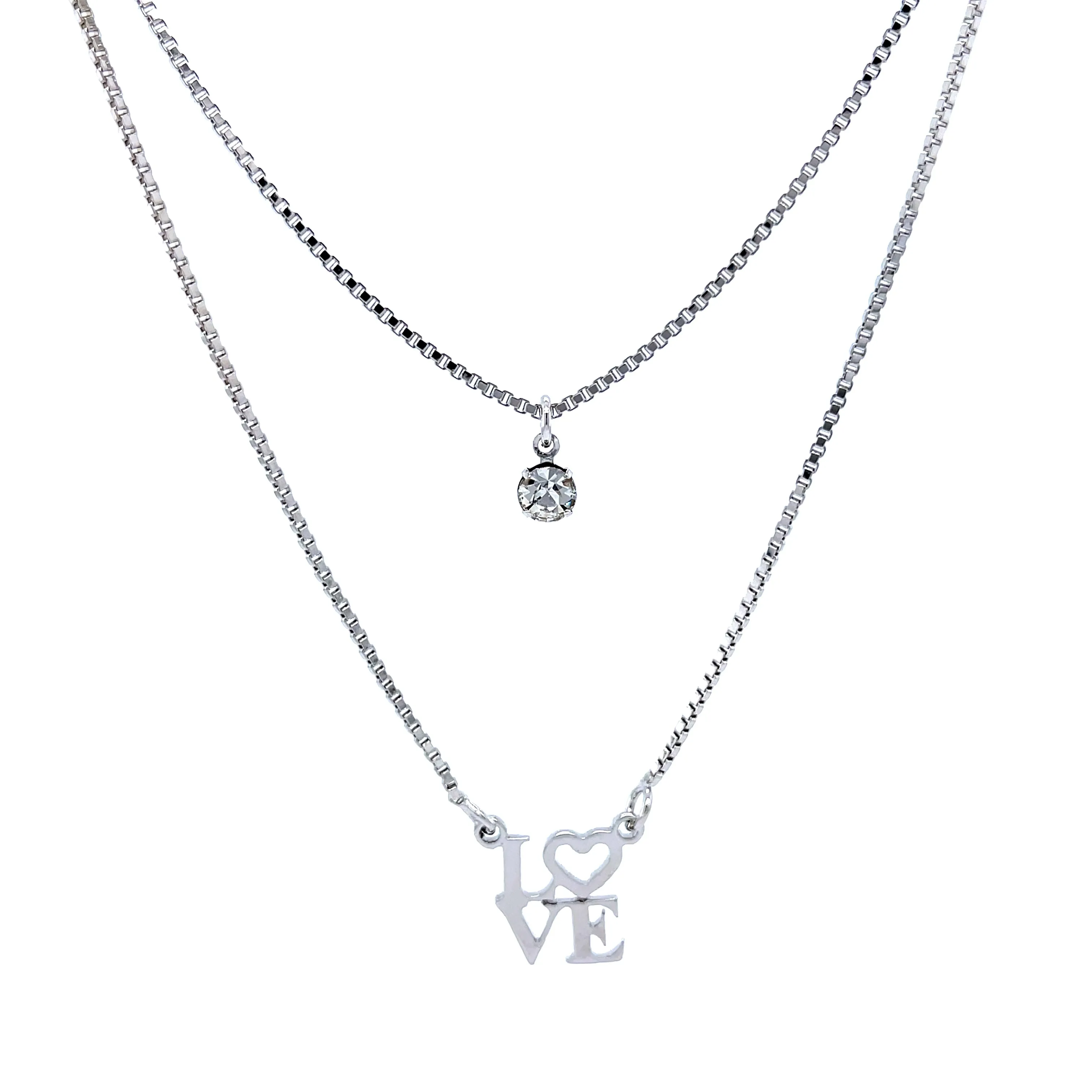 Platinum Filled Love Pendant Stacked Necklace Box link chain