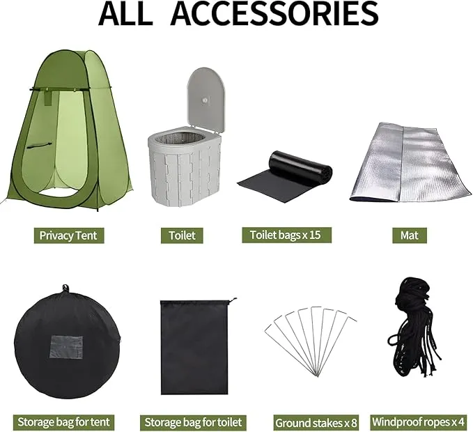Portable Toilet and Privacy Tent for Adults, Pop Up Potty Tent Outdoor Portable Toilet for Camping with 15 Toilet Bags, Mat, Pop-up Tent for Toilet, Travel, Changing