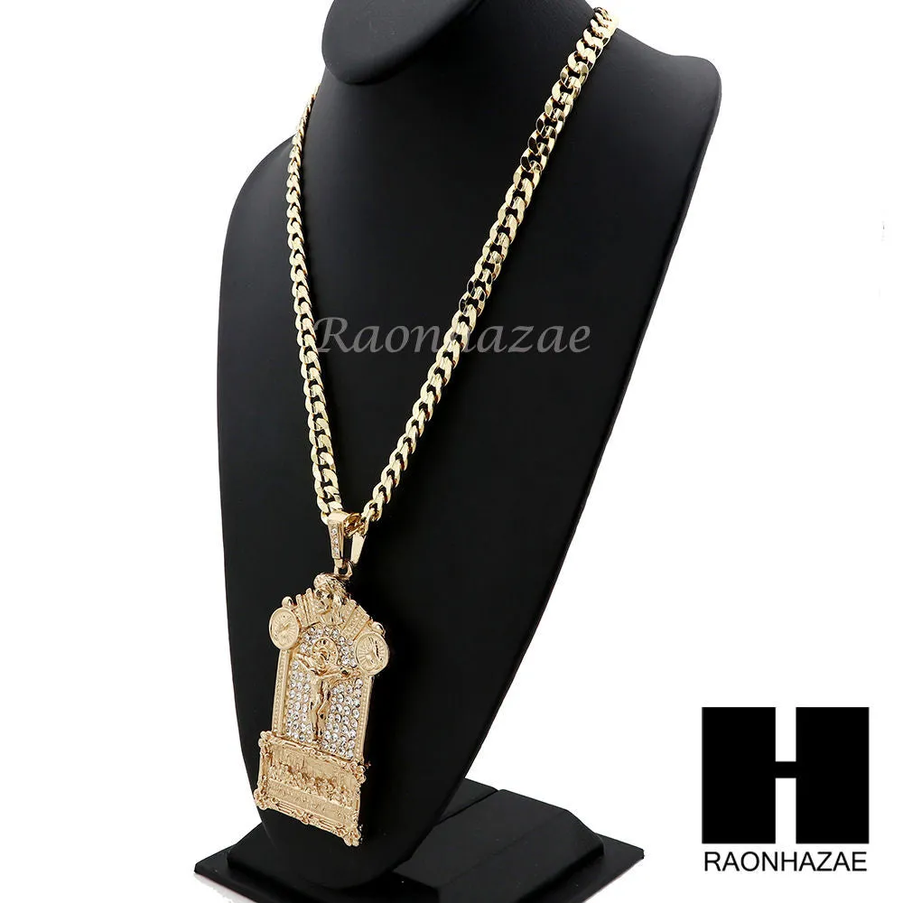PRAYING HANDS CROSS LAST SUPPER PENDANT w/ DIAMOND CUT CUBAN LINK CHAIN