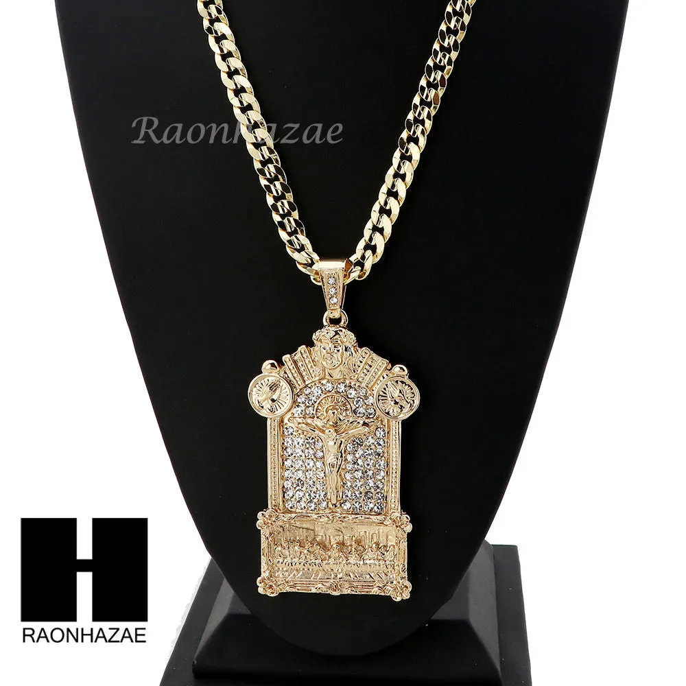 PRAYING HANDS CROSS LAST SUPPER PENDANT w/ DIAMOND CUT CUBAN LINK CHAIN