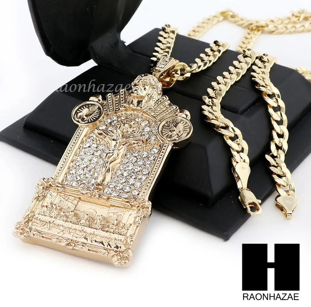 PRAYING HANDS CROSS LAST SUPPER PENDANT w/ DIAMOND CUT CUBAN LINK CHAIN