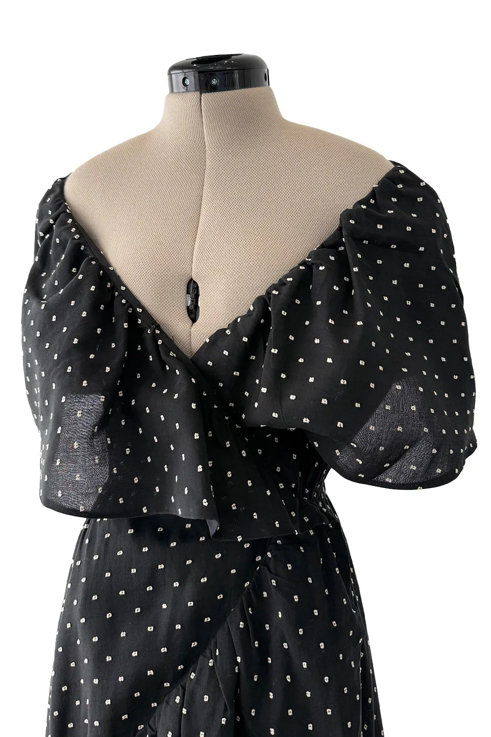 Prettiest c 1981 Halston Black Wrap Dress w White Embroidered & Caped Collar