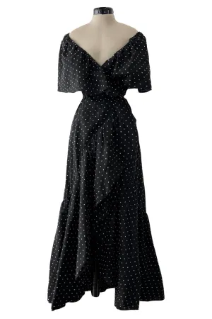 Prettiest c 1981 Halston Black Wrap Dress w White Embroidered & Caped Collar