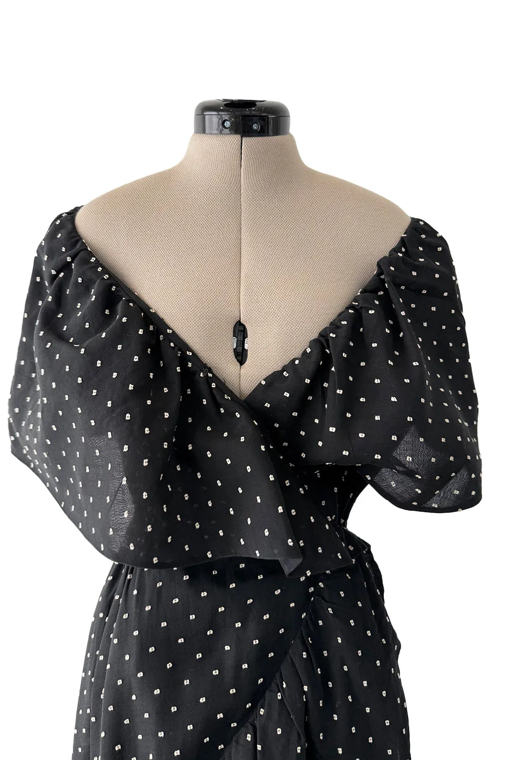 Prettiest c 1981 Halston Black Wrap Dress w White Embroidered & Caped Collar