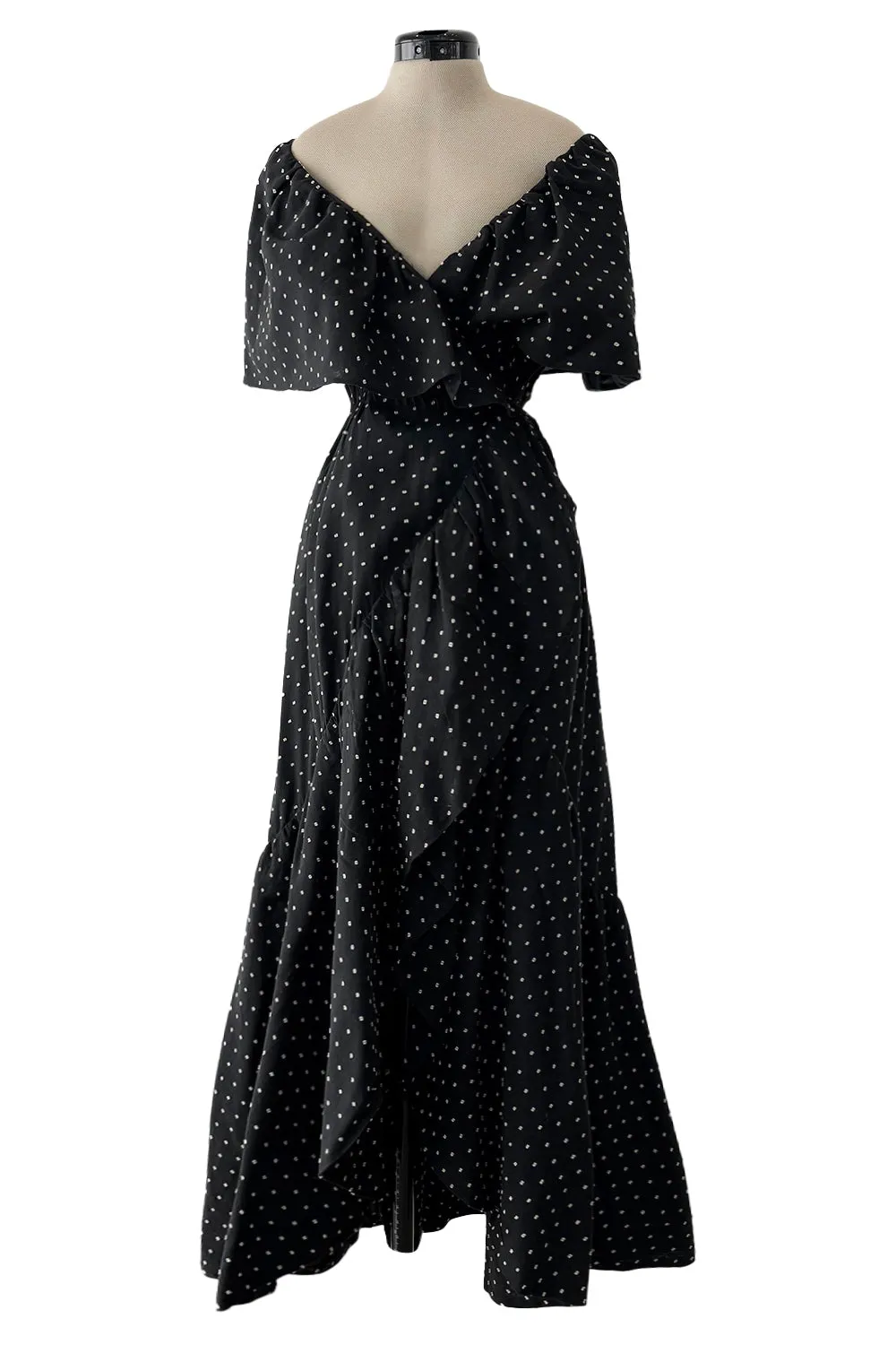 Prettiest c 1981 Halston Black Wrap Dress w White Embroidered & Caped Collar