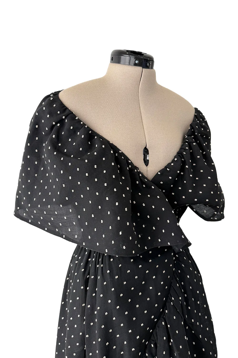 Prettiest c 1981 Halston Black Wrap Dress w White Embroidered & Caped Collar