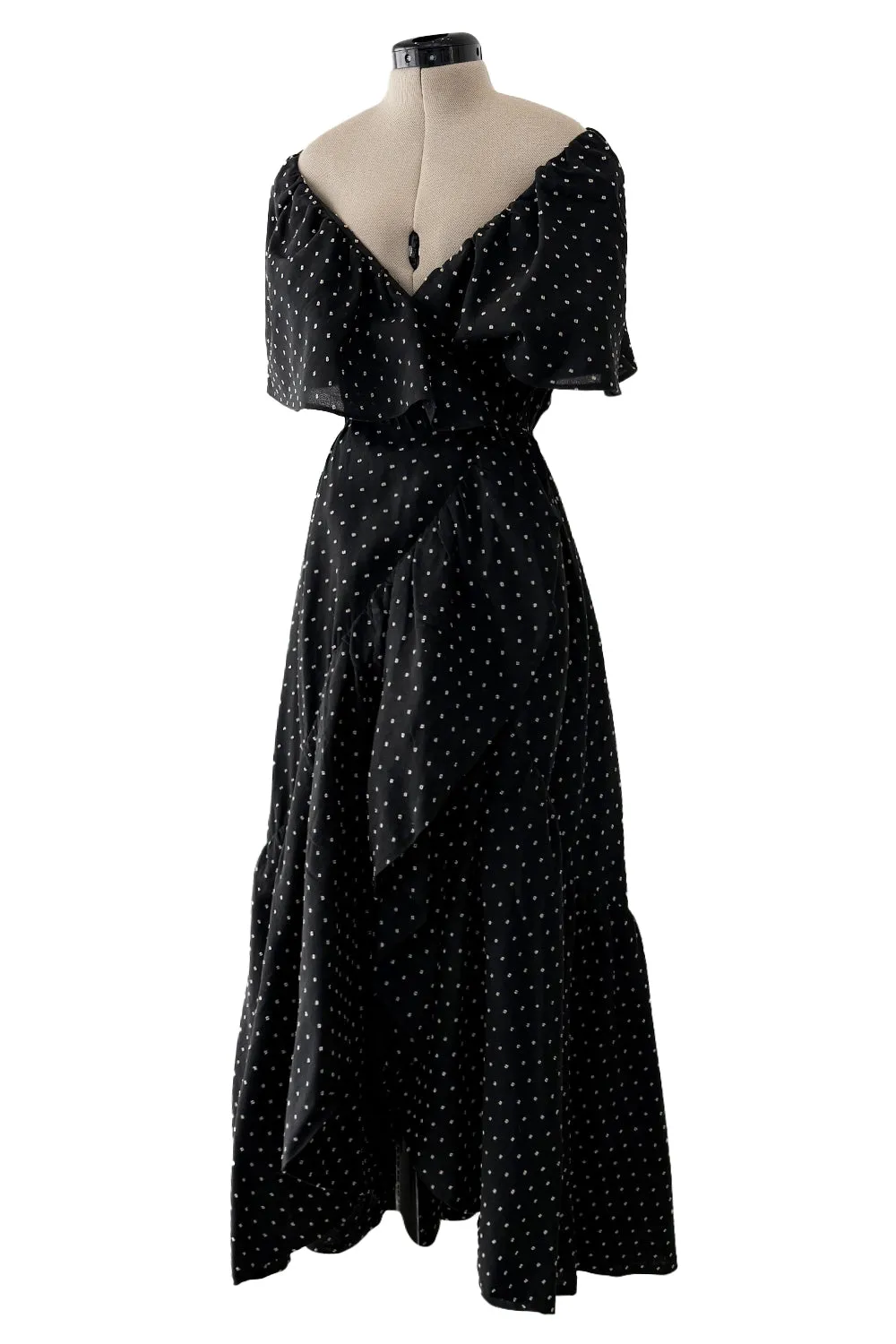 Prettiest c 1981 Halston Black Wrap Dress w White Embroidered & Caped Collar