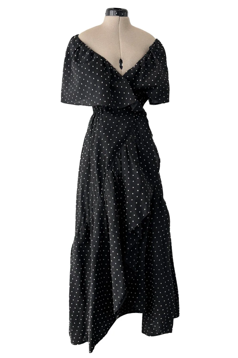 Prettiest c 1981 Halston Black Wrap Dress w White Embroidered & Caped Collar