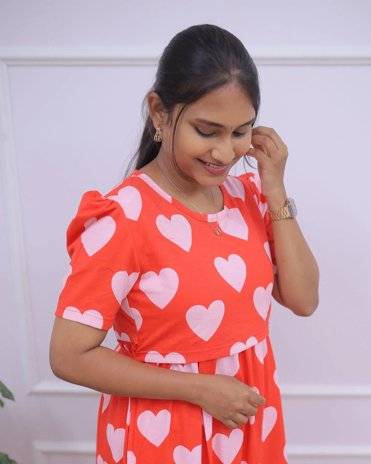 Priyam | Zipless Maternity Dress - Puff Sleeves | Full Length Maxi