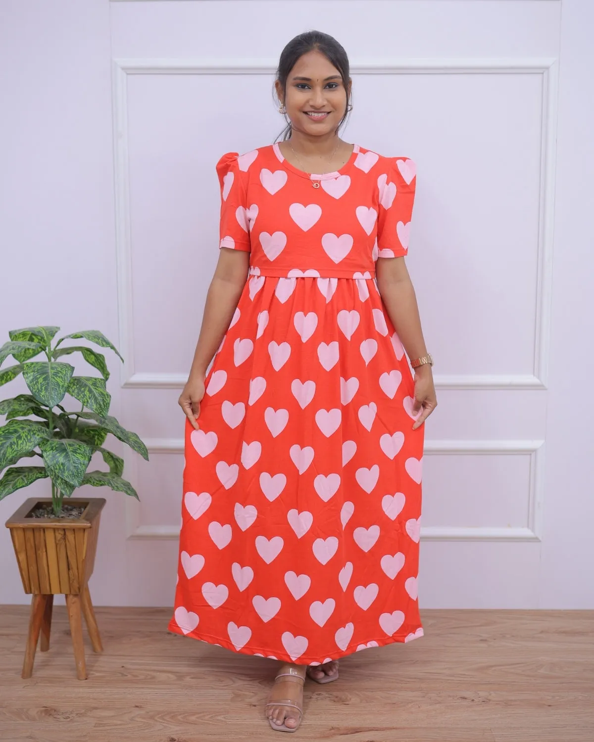 Priyam | Zipless Maternity Dress - Puff Sleeves | Full Length Maxi