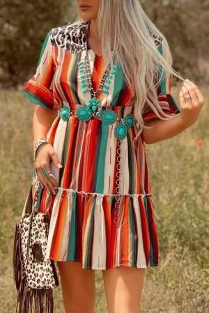 Rainbow Stripe Printing Mini Dress