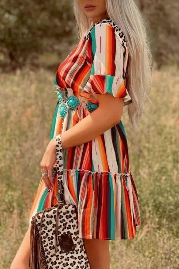 Rainbow Stripe Printing Mini Dress