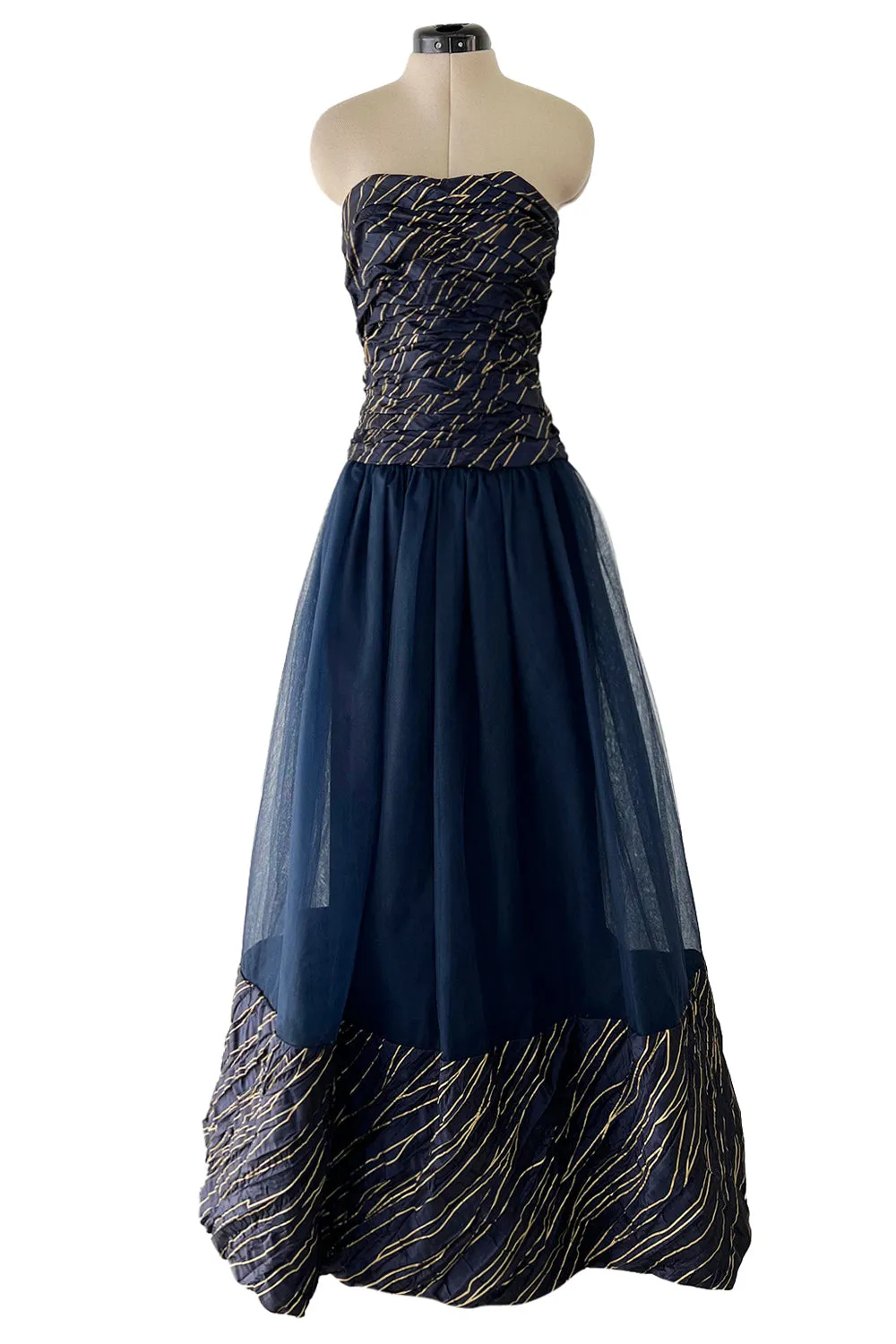 Rare Chanel Fall 1986 Blue & Gold Strapless w Removable Sleeves