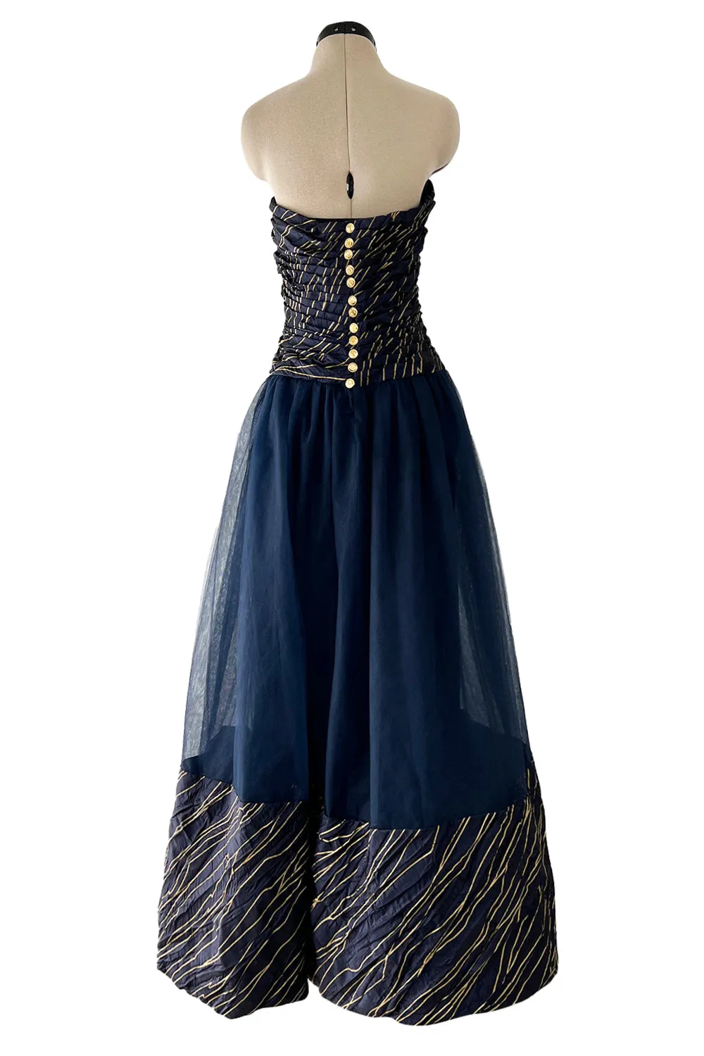 Rare Chanel Fall 1986 Blue & Gold Strapless w Removable Sleeves