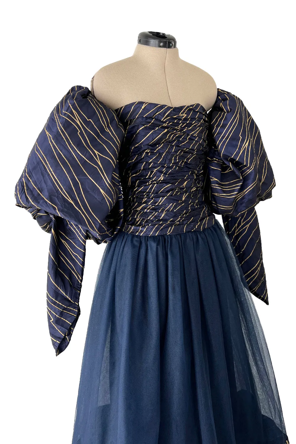 Rare Chanel Fall 1986 Blue & Gold Strapless w Removable Sleeves