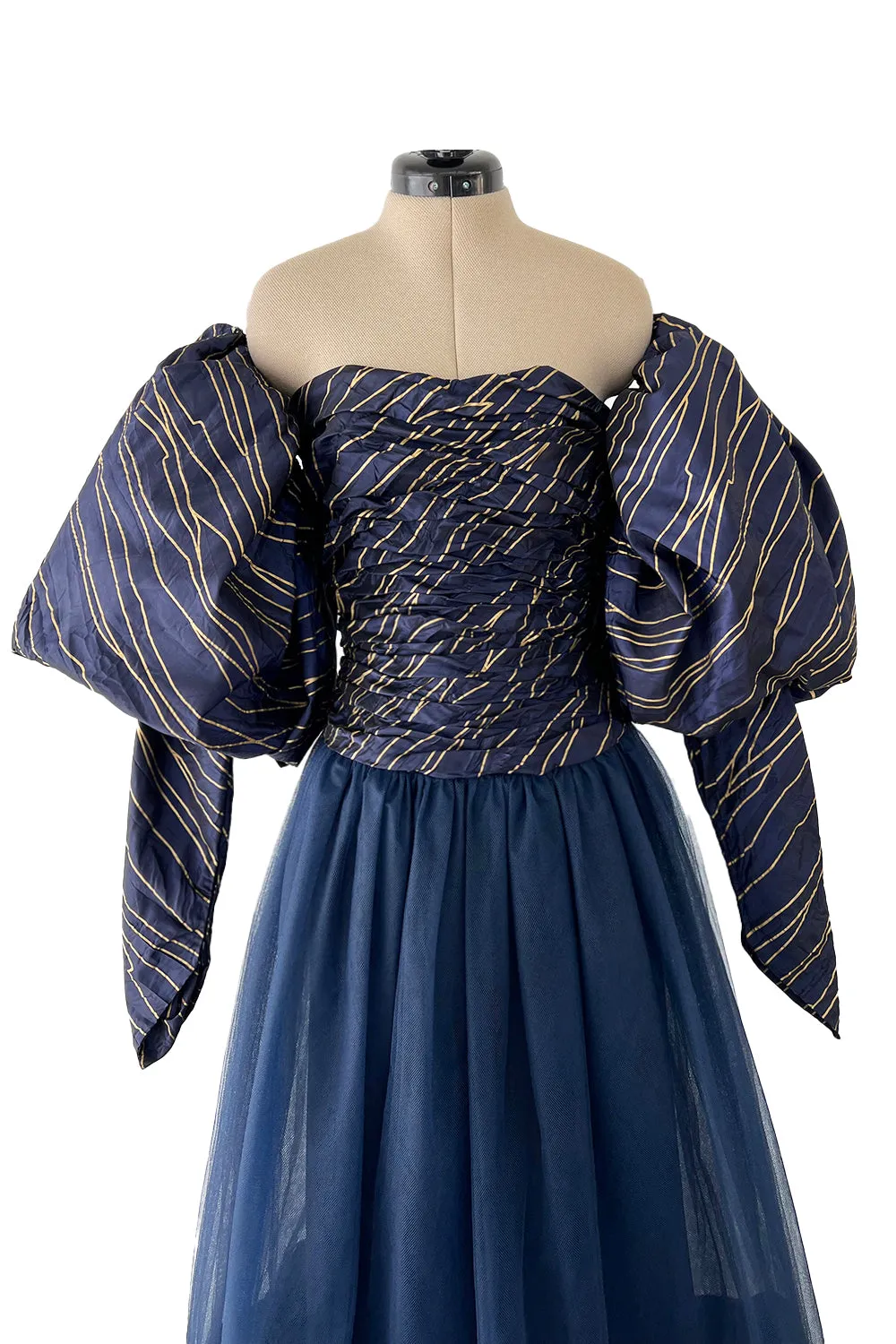 Rare Chanel Fall 1986 Blue & Gold Strapless w Removable Sleeves