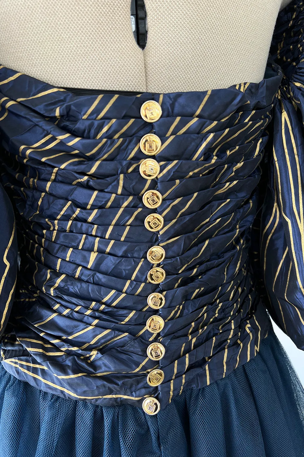 Rare Chanel Fall 1986 Blue & Gold Strapless w Removable Sleeves