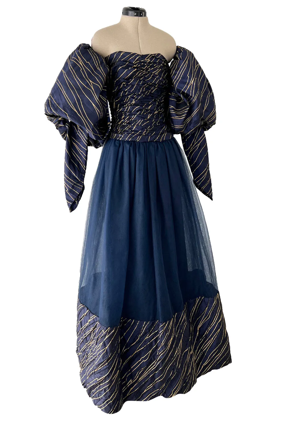 Rare Chanel Fall 1986 Blue & Gold Strapless w Removable Sleeves