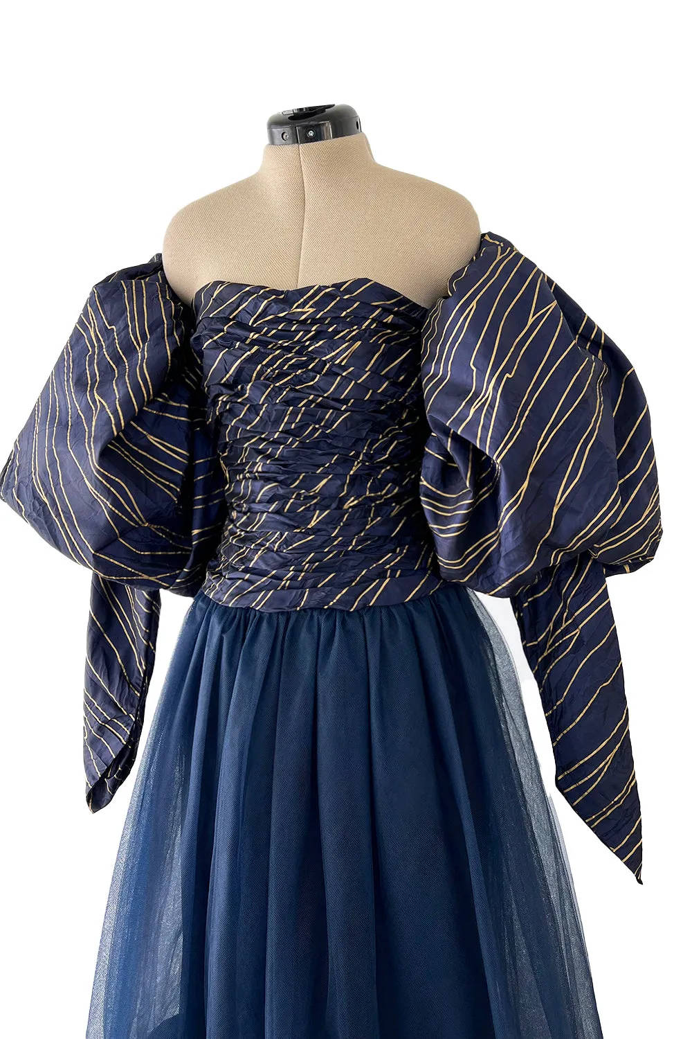 Rare Chanel Fall 1986 Blue & Gold Strapless w Removable Sleeves