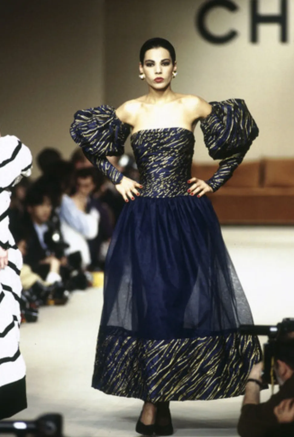 Rare Chanel Fall 1986 Blue & Gold Strapless w Removable Sleeves
