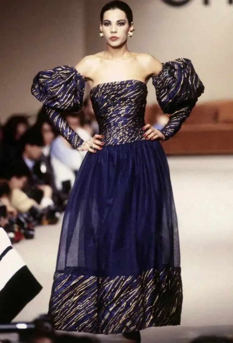 Rare Chanel Fall 1986 Blue & Gold Strapless w Removable Sleeves