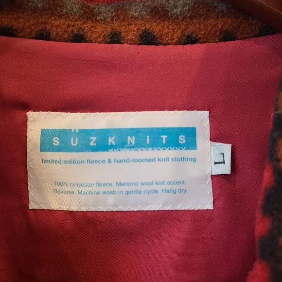 Rare SuzKnits Womens Aztec Fleece Jacket Large Red Merino Wool Southwestern