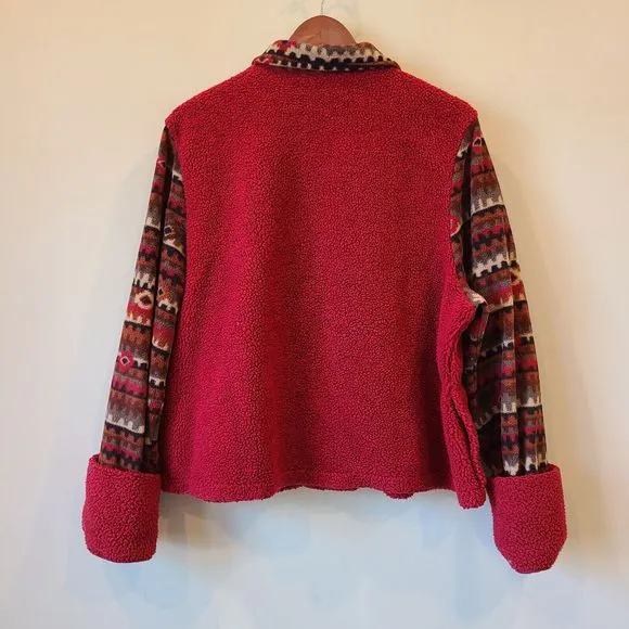 Rare SuzKnits Womens Aztec Fleece Jacket Large Red Merino Wool Southwestern