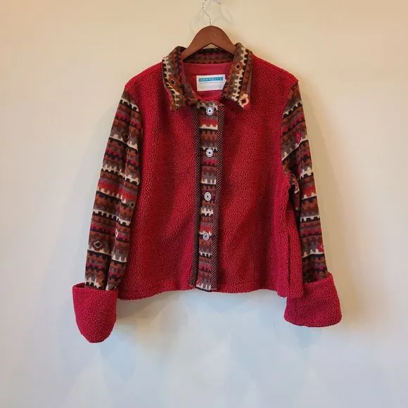 Rare SuzKnits Womens Aztec Fleece Jacket Large Red Merino Wool Southwestern