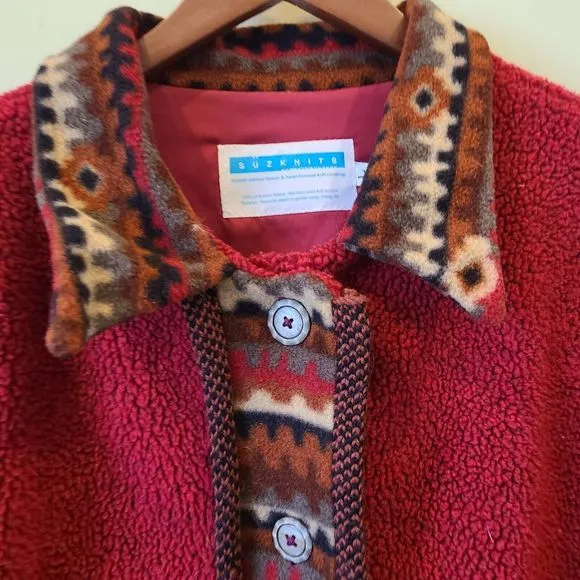 Rare SuzKnits Womens Aztec Fleece Jacket Large Red Merino Wool Southwestern