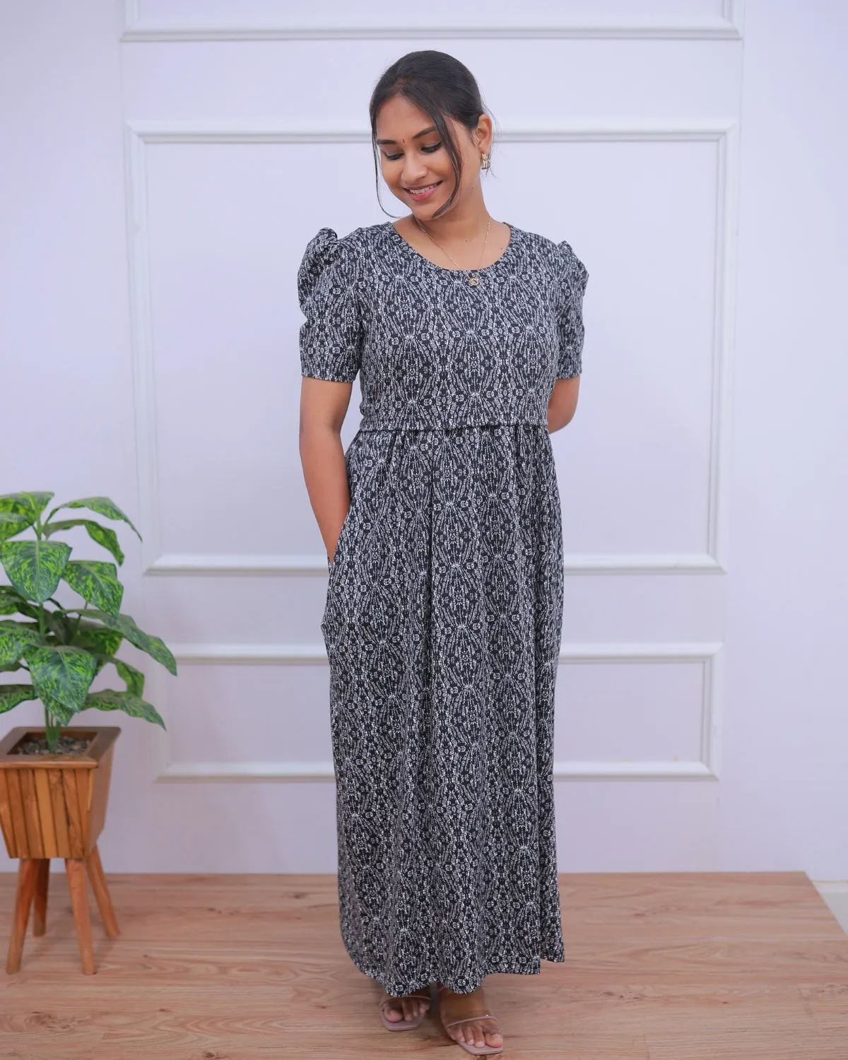 Reya | Zipless Maternity Dress - Puff Sleeves | Full Length Maxi