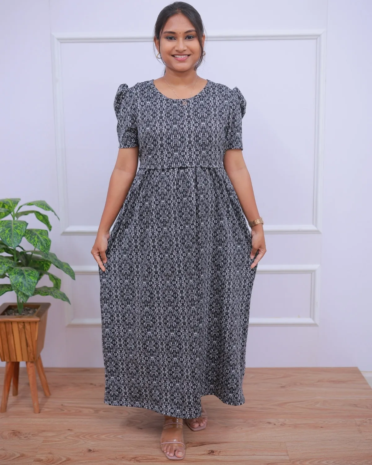 Reya | Zipless Maternity Dress - Puff Sleeves | Full Length Maxi