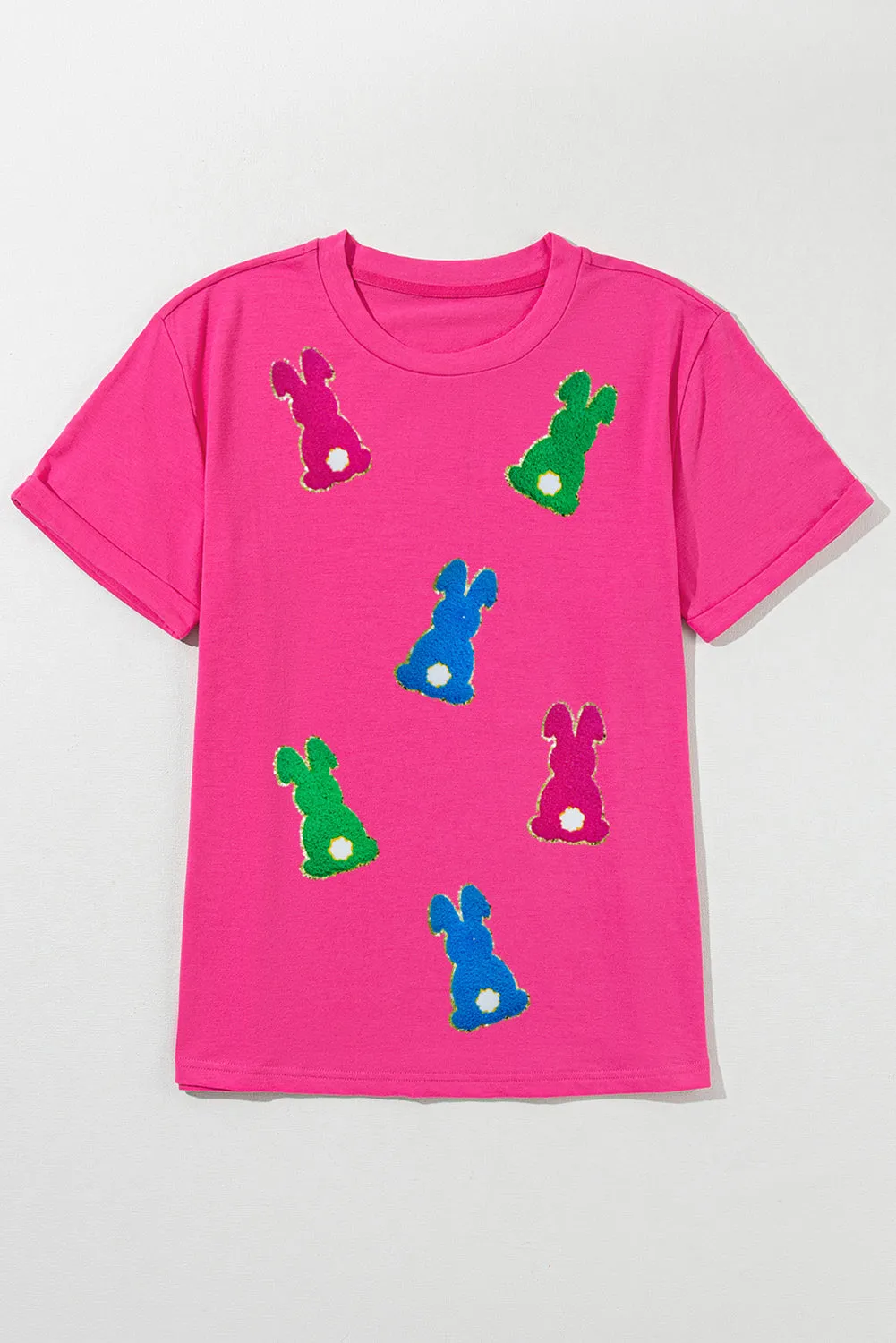 Rose Red Easter Rabbit Chenille Patched Pattern Crew Neck Tee